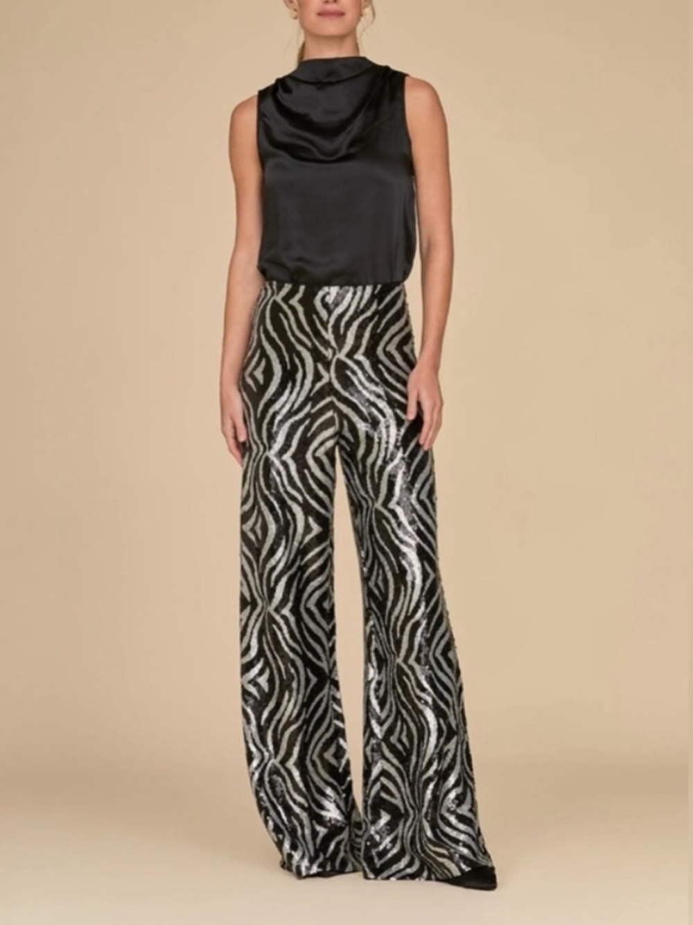 The Noli shop, black and silver sequin wide leg zebra print trouser pant XS EUC